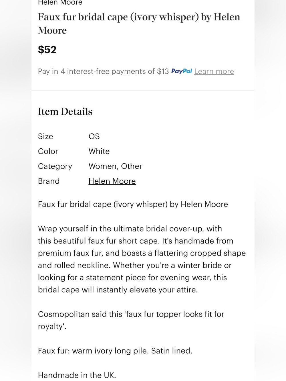 Faux fur cape (ivory whisper) by Helen Moore Handmade UK - Picture 4 of 4